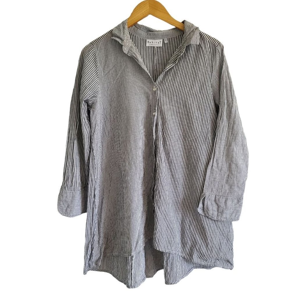 Habitat Cotton Striped Lagenlook Swing Button Down Shirt Gray White Size Small